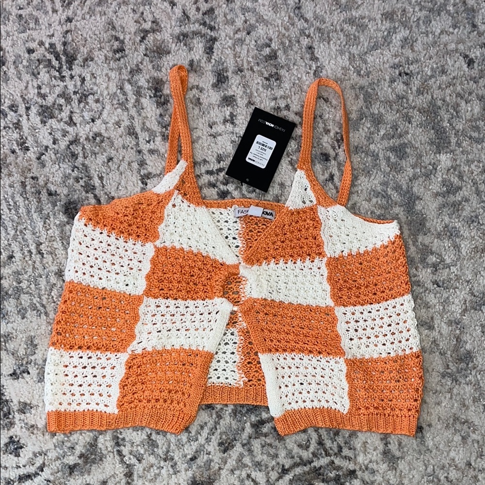 Fashion Nova Orange and White Crochet Top